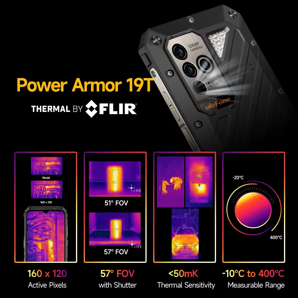 Ulefone Power Armor 19T กล้องถ่ายภาพความร้อนโทรศัพท์ที่ทนทาน 17GB RAM + 256GB ROM Helio G99 66W โทรศัพท์มือถือความร้อนโดย FLIR ®