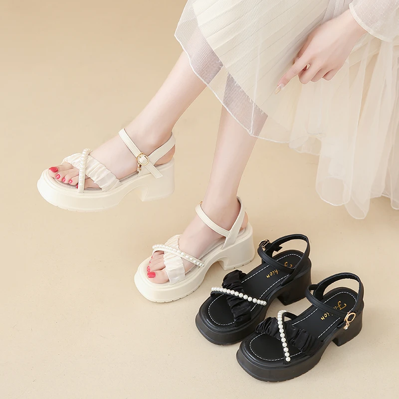 ฤดูร้อนใหม่รอบ Toe ส้นหนาสบายรองเท้าแตะเปิดนิ้วเท้าแฟชั่น/Elegant Pearl จัดเลี้ยงรองเท้าแตะส้นสูงสําหรับสตรี