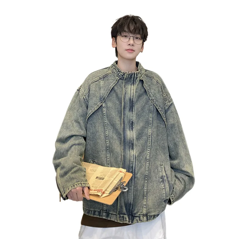 

Men Women Washed Denim Vintage Stand Collar Loose Casual Streetwear Fashion Motorcycle Jacket Cityboy Jeans Coat Outerwear