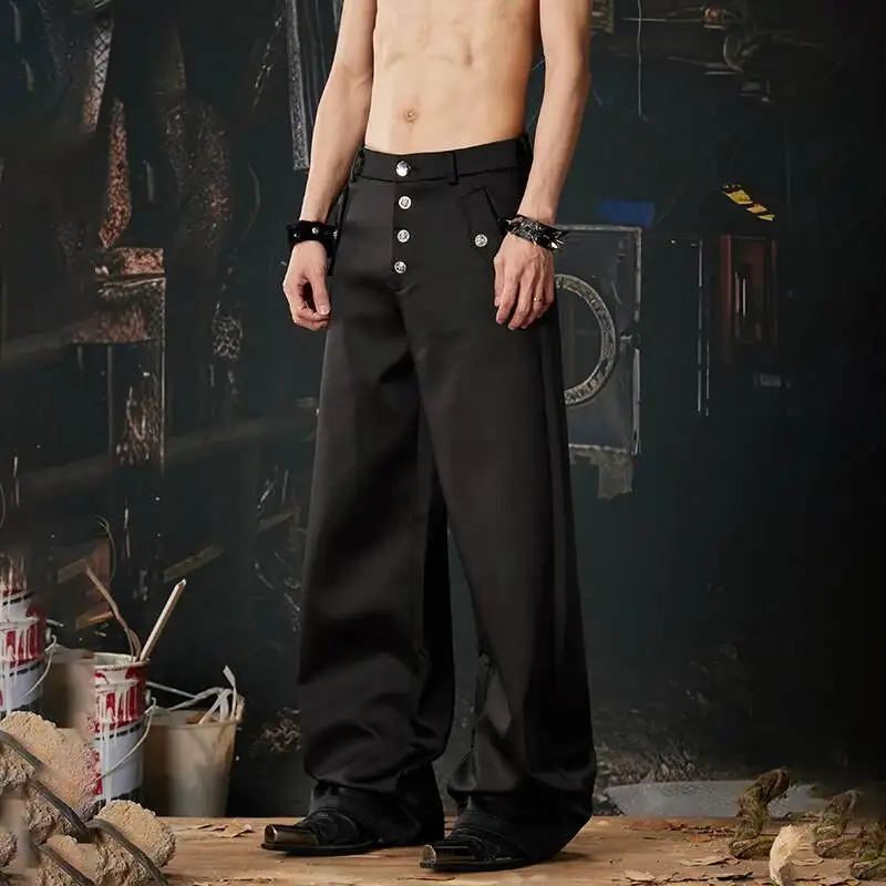 LUZHEN 2026 Spring Simple Handsome Multi Buttoned High Waist Casual Pants Men's Fashion Original Baggy Wide Leg Trousers JY6665