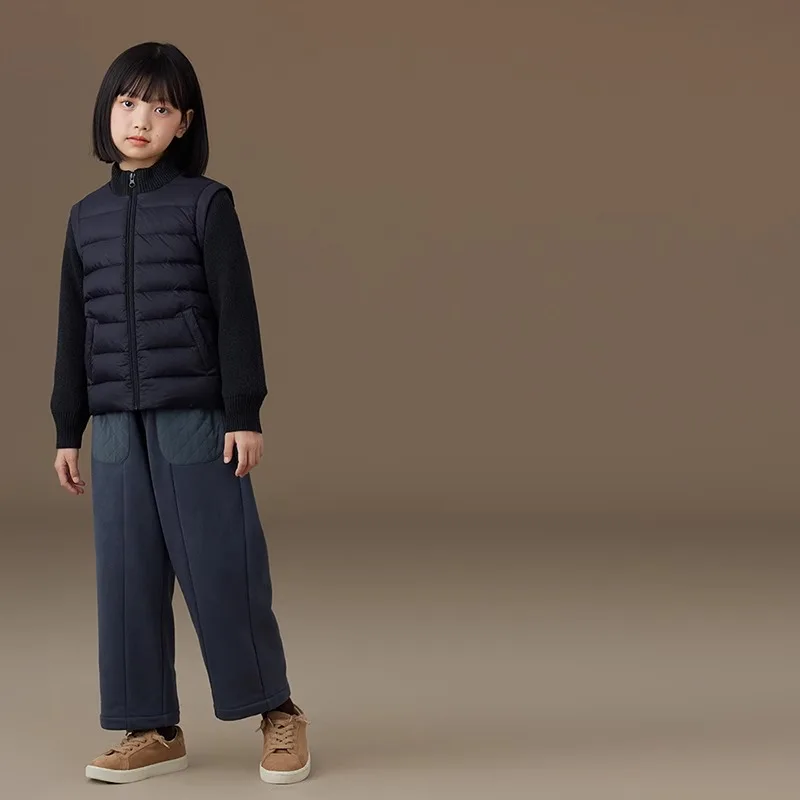 Kid's Casual Baggy Thick Harem Sweatpants Navy Color Elastic Waist Banded Warm Pantalone Winter Patchwork Down Cotton Pants Gril