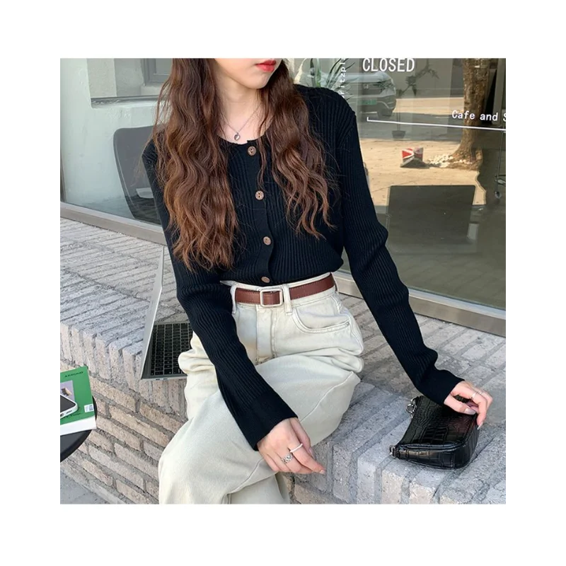 Chuduo Mi geribbelde kraag gebreid vest dames herfst eenvoudige effen kleur slanke trui