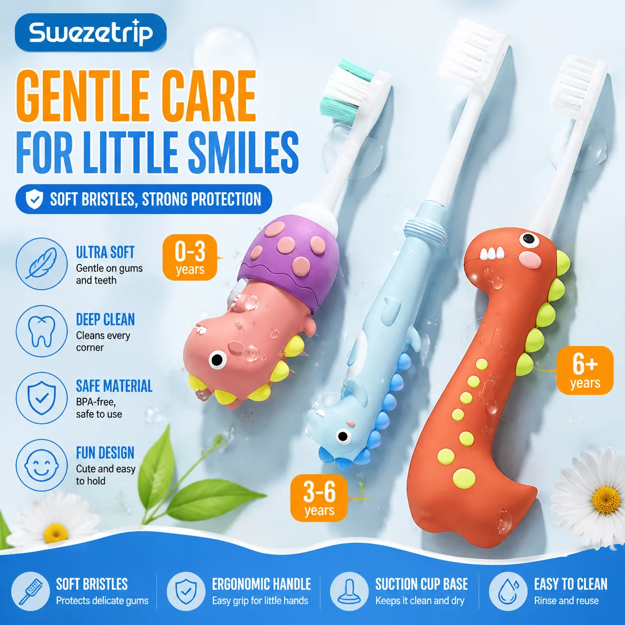 

Soft-Bristled Children's Toothbrush Cartoon Dinosaur 6-12 Years Old Baby Soft-Bristled Toothbrush for Teeth and Gums Protection