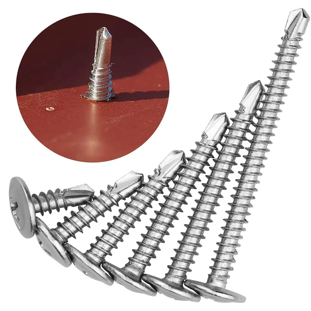 STONEGO 1Set/210Pcs 410 Stainless Steel Large Flat Head Drill Tail Screw Self-tapping Screw Screw Drill Screw Kit Set