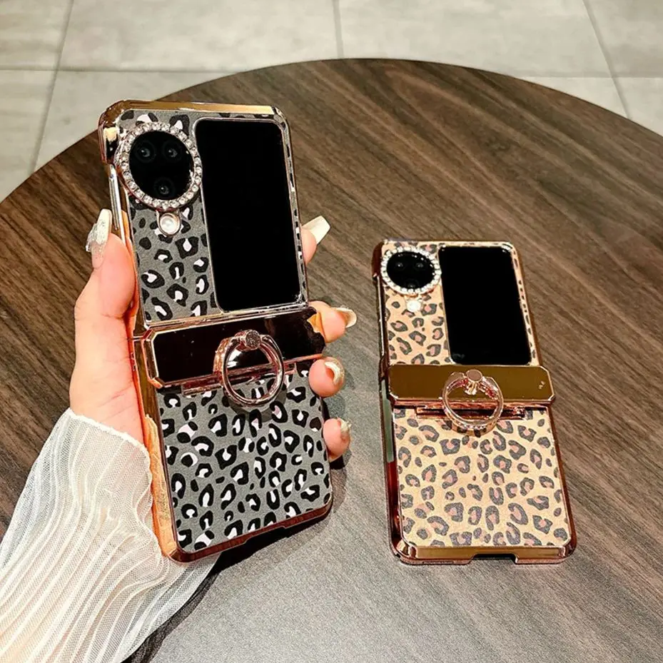 

Fashion Leopard Print Pattern Phone Case For OPPO Find N3 Flip Ring Plating Shell Protective Back Cover