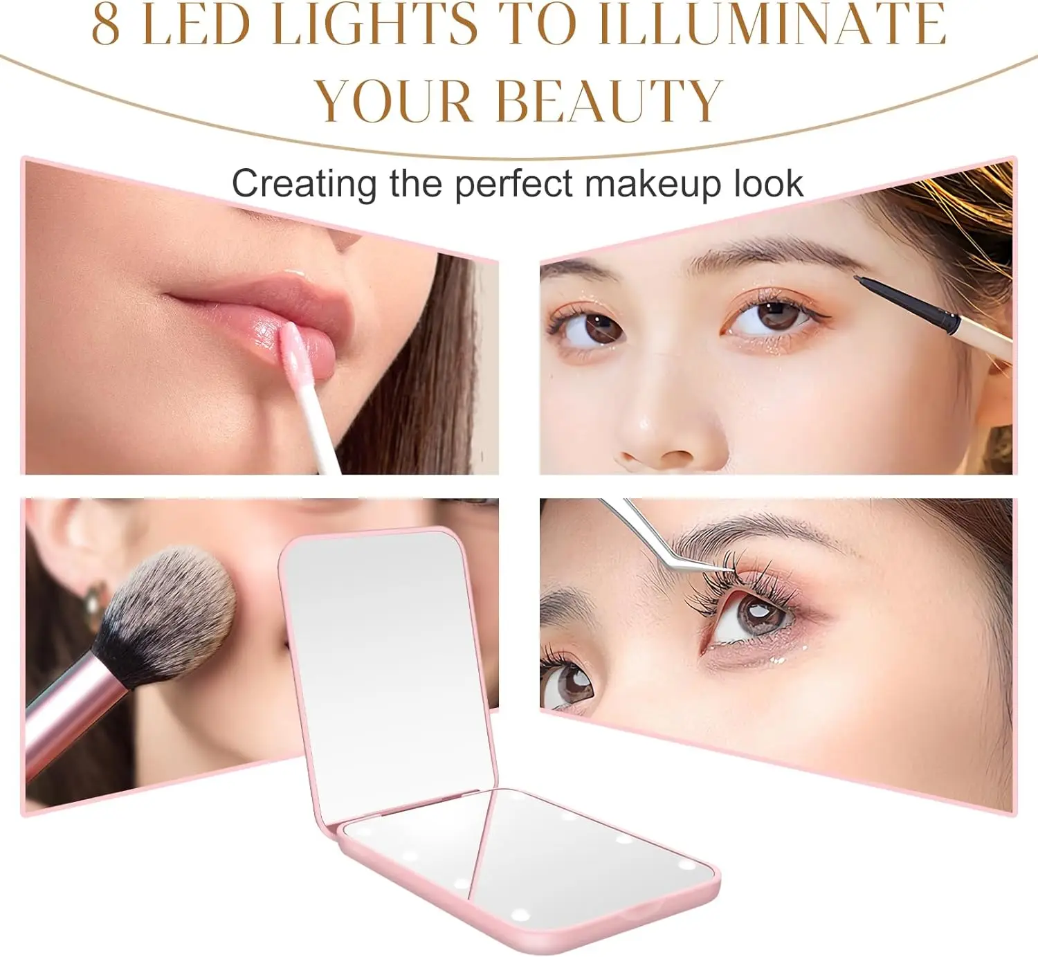 Mini specchio per trucco compatto a LED con luce ingrandimento 2X piccola tasca portatile da viaggio rosa nero specchi cosmetici pieghevoli