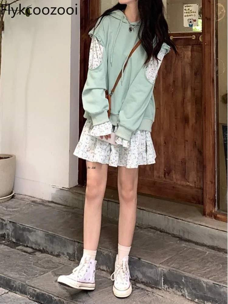 Spring and Autumn New Girls' Sweater Forest Style Girl Student Hoodie + Floral Skirt Conjuntos De Mujer Printing Faldas