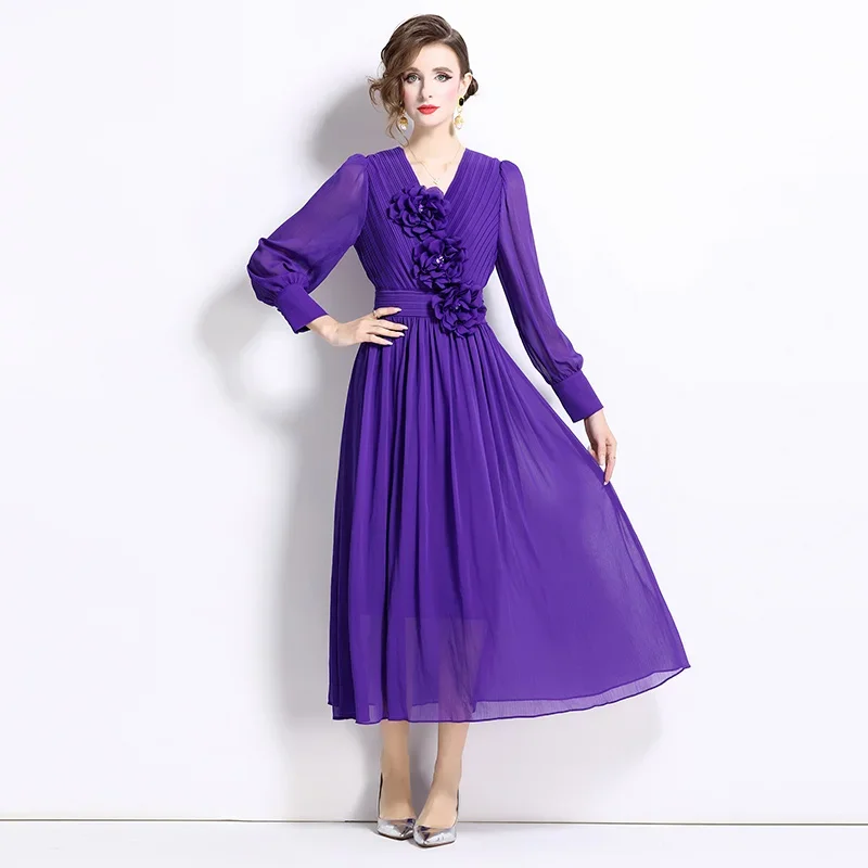 2024 Luxury Pleated Three-dimensional Flower Beaded V-neck Party Dress Long Sleeve Gown