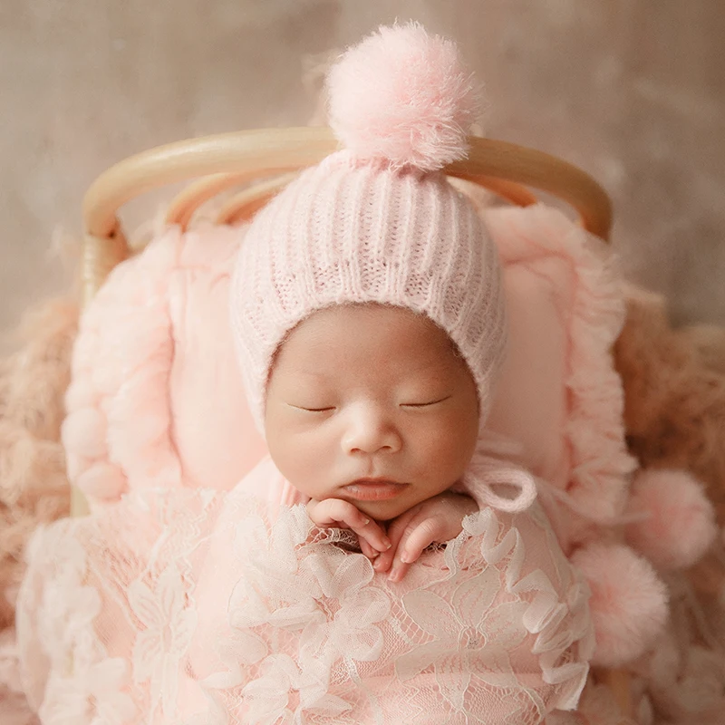 Newborn Photography Props Baby Girl Photo Elastic Wrap Swaddle Blanket Knitted Doll Hat Infant Studio Photoshoot Accessories
