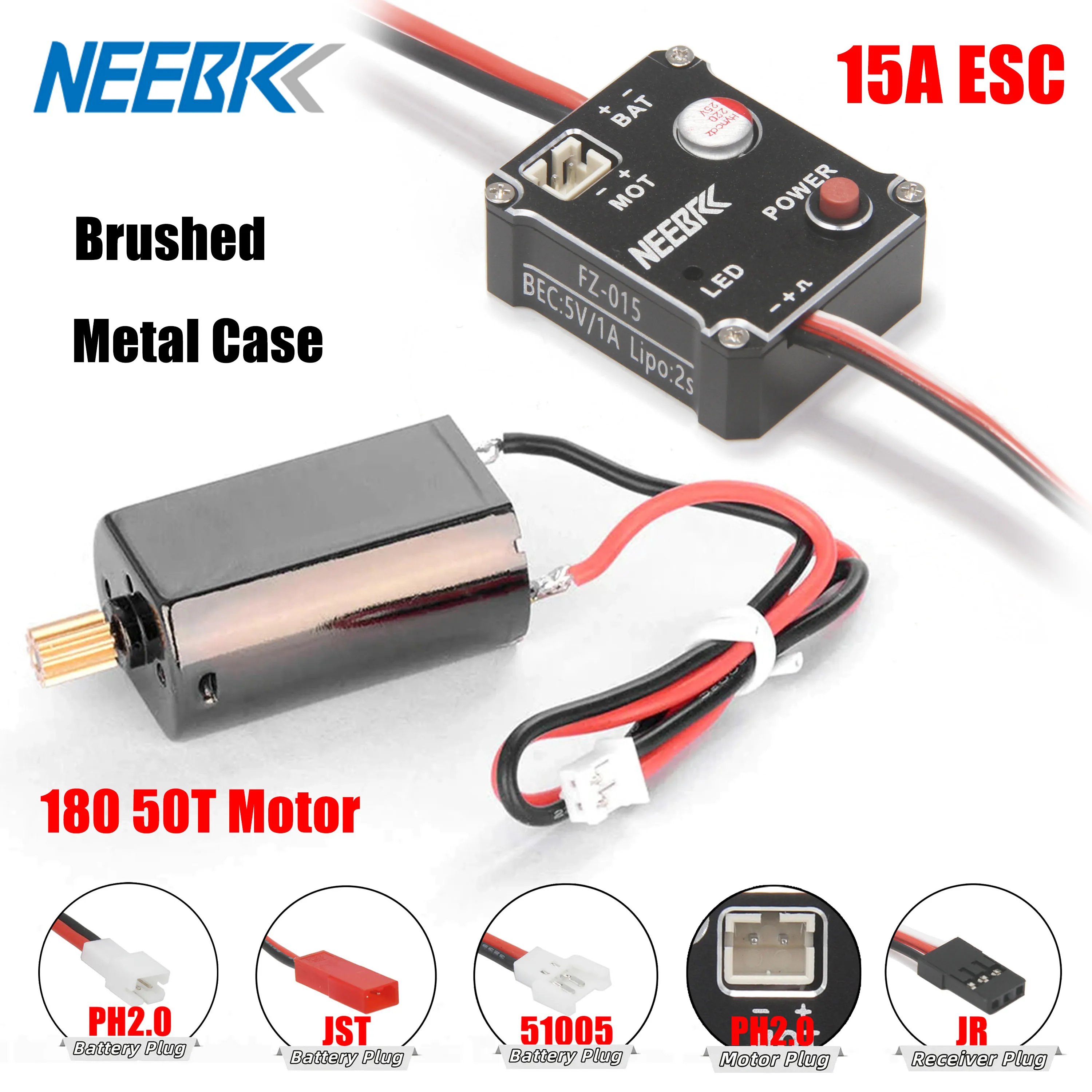 NEEBRC 180 50T Brushed Motor 15A Metal ESC Waterproof 2S 5V/1A for 1/18/ 1/24 SCX24 Trx4m FMS RC Car Climbing Drift Upgrade Part
