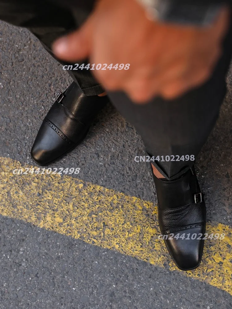 Men's Black Double Buckle Straps Loafers Perforated Texture Metal Buckle Slip On Low Heel Matte Leather Formal Business Shoes