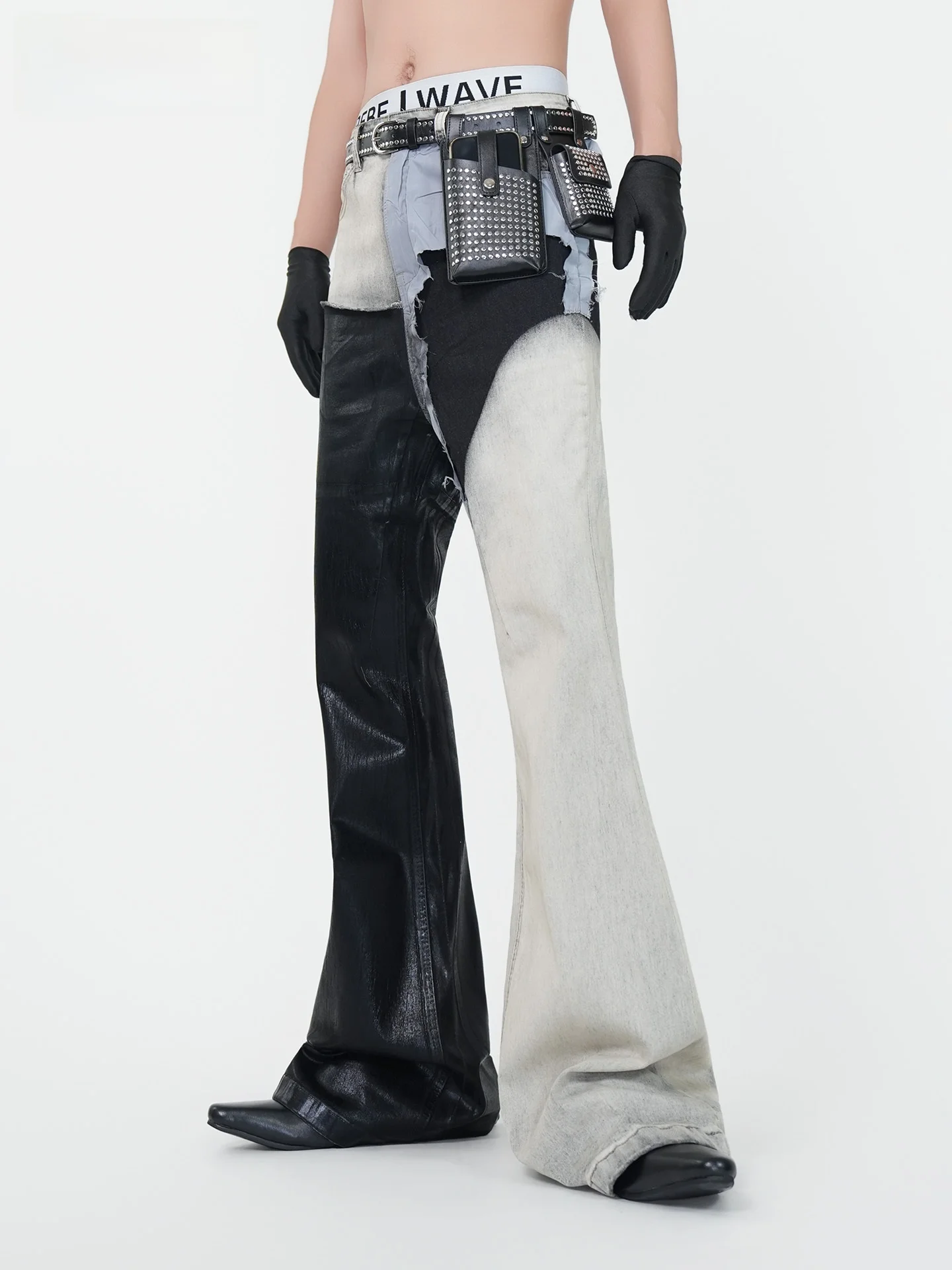 

Мужские джинсы VE2 с эффектом потертости, расклешенные, с пэчворком, восковым покрытием, в уличном стиле, со средней посадкой, из хлопка, повседневные, прямые брюки