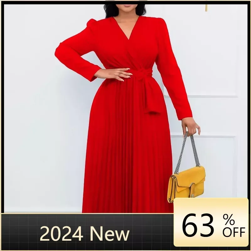 

Fashion Solid Pleated Long Dress Women Long Sleeve V-neck High Wiat Slim With Belt Sexy Club Evening Party Dresses Vestidos