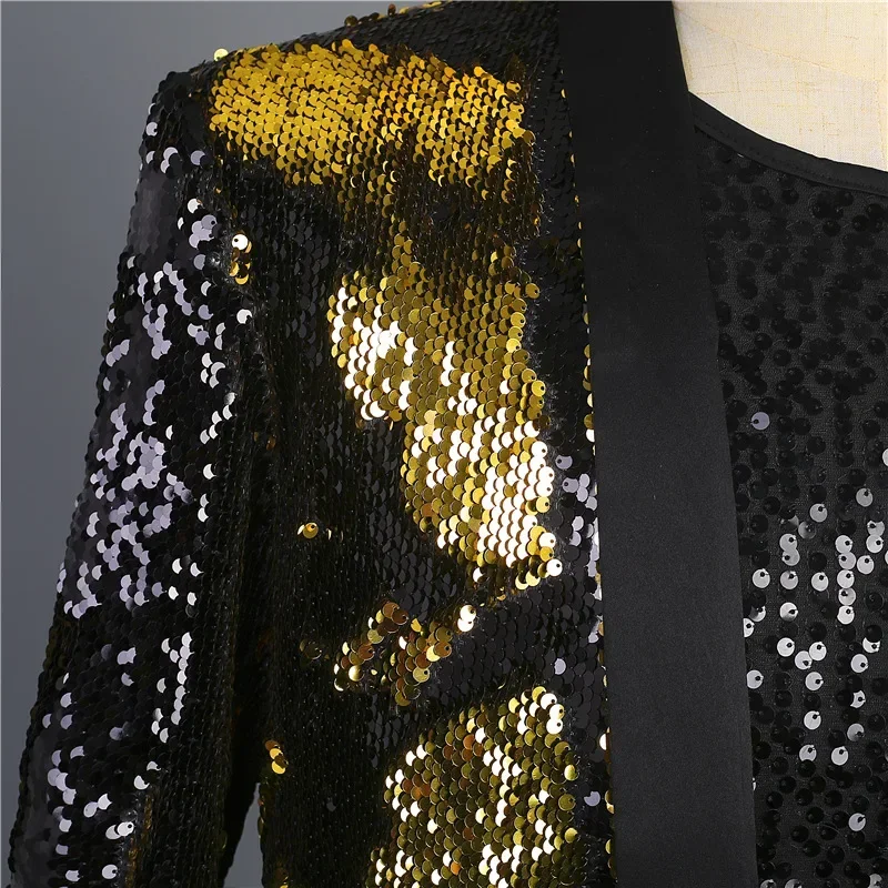 Gold Black Sequin Extra Long Blazer Jacket Men Slim Fit Cardigan Blazers  Party Stage Prom Singer Rock and Roll Costume Homme