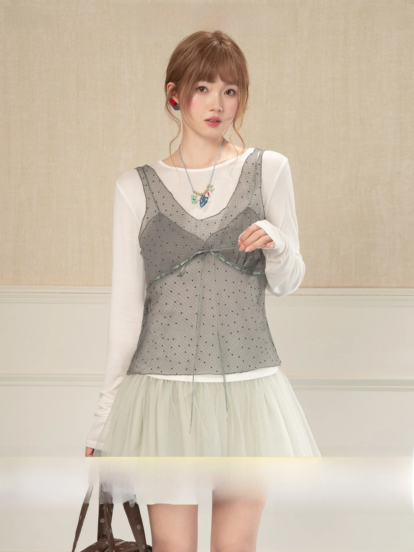 

Heynew Pure Desire Sexy Dot Light Transparent Strap Pure Color White T Two Piece Set Women Summer Layered Wear Fashionable Top