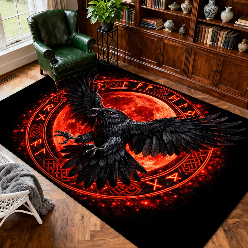 1‑Piece Retro Ethnic Style Red‑Black Crow Totem Print Area Rug, Easy‑Clean Durable Floor Mat for Living Room, Bedroom