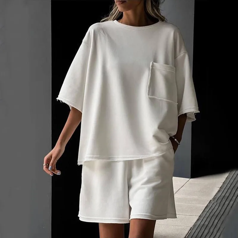 2025 Casual Women's Summer Suit Solid Color Round Neck Short-sleeved Elastic Sports Shorts Two-piece Set for Women