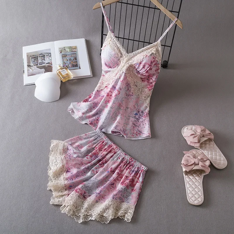 Sexy Hanging Pajamas Thin Ice Silk Hanging Pajama Dress with Breast Pads Lace Edge Pajama Shorts Two Piece Set