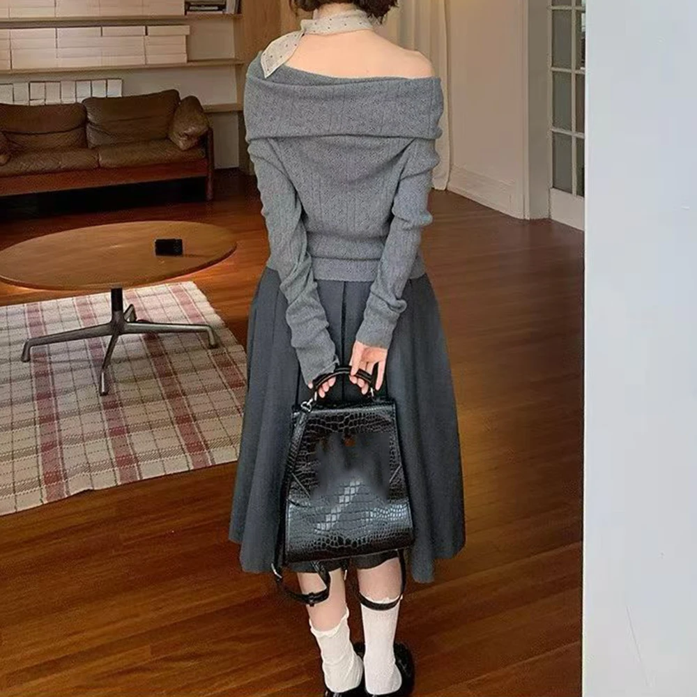 TWOTWINSTYLE Solid Spliced Drawstring Sweater Female Slash Neck Long Sleeve Loose Korean Sweet Women's Sweaters Autumn Fashion