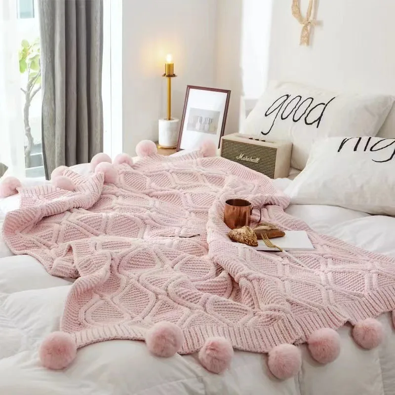 

Nordic Knit Throw Blanket Plush Pom Pom Decorative for Sofa Bed Scarf Luxury and Cozy Home Decor Winter Warm
