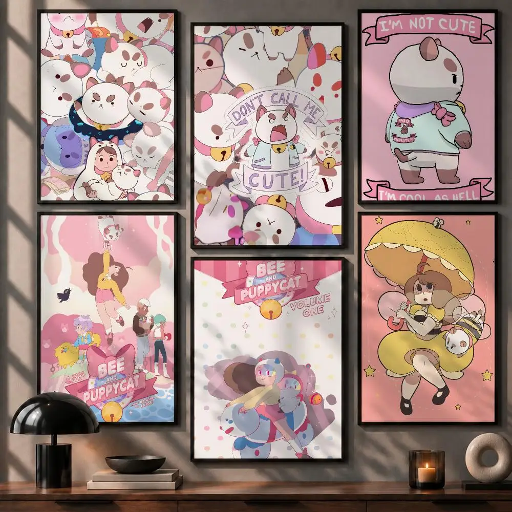 Cute Anime Bee and PuppyCat Poster No Glue Residue Self-Adhesive Art Poster Wall Decor for Bedroom Living Room