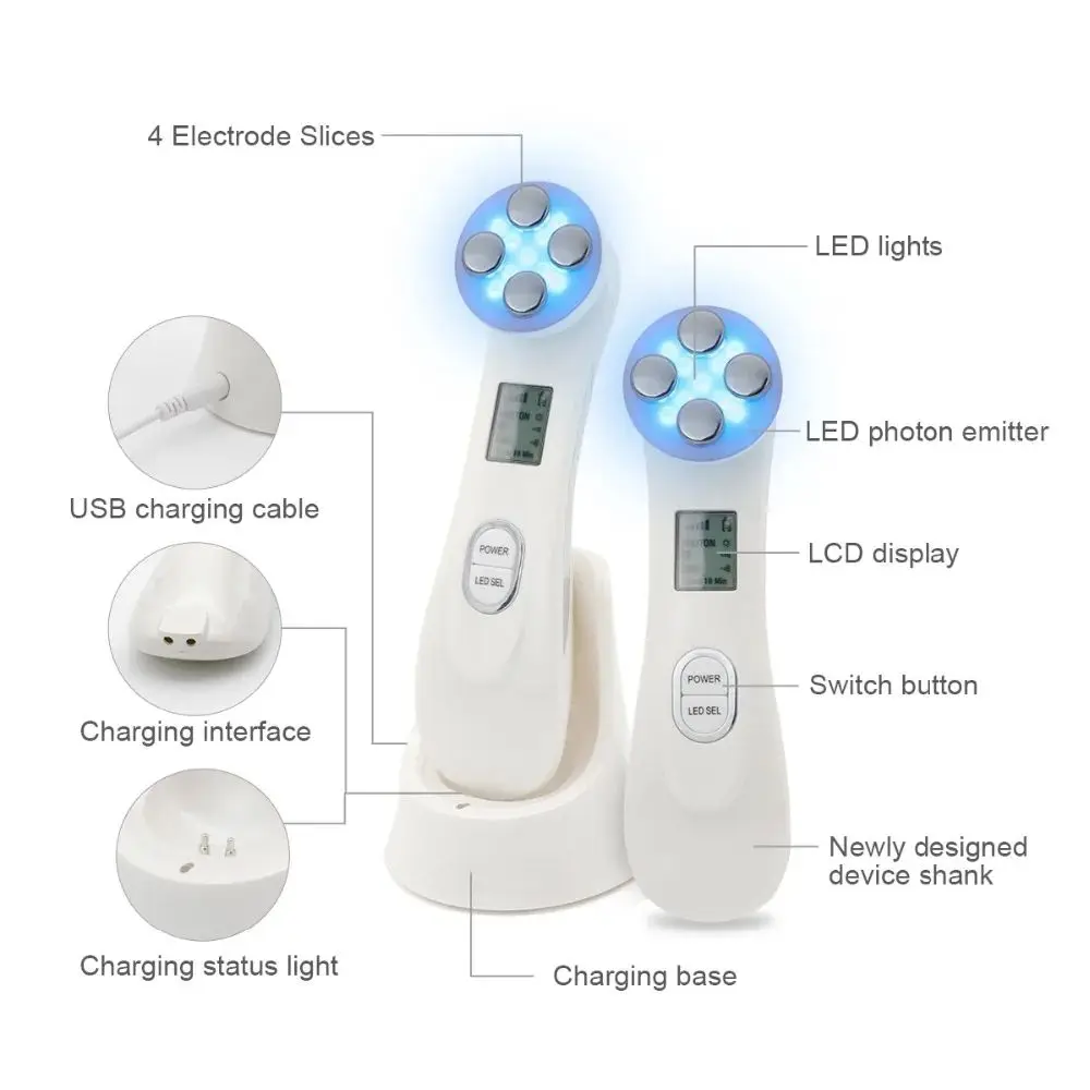 5 in 1ベースのフェイシャルマッサージャー,5色LEDフォトンマイクロカレントRFエレクトロポレーション,ホットコンプレッション,フェイシャルビューティーケアデバイス