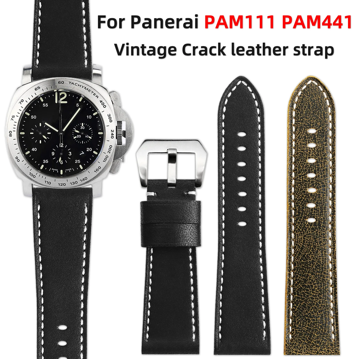 24mm 26mm Vintage Crazy Horse leather strap For Panerai PAM111 PAM441 Luminor series Men's cowhide watchband accessories