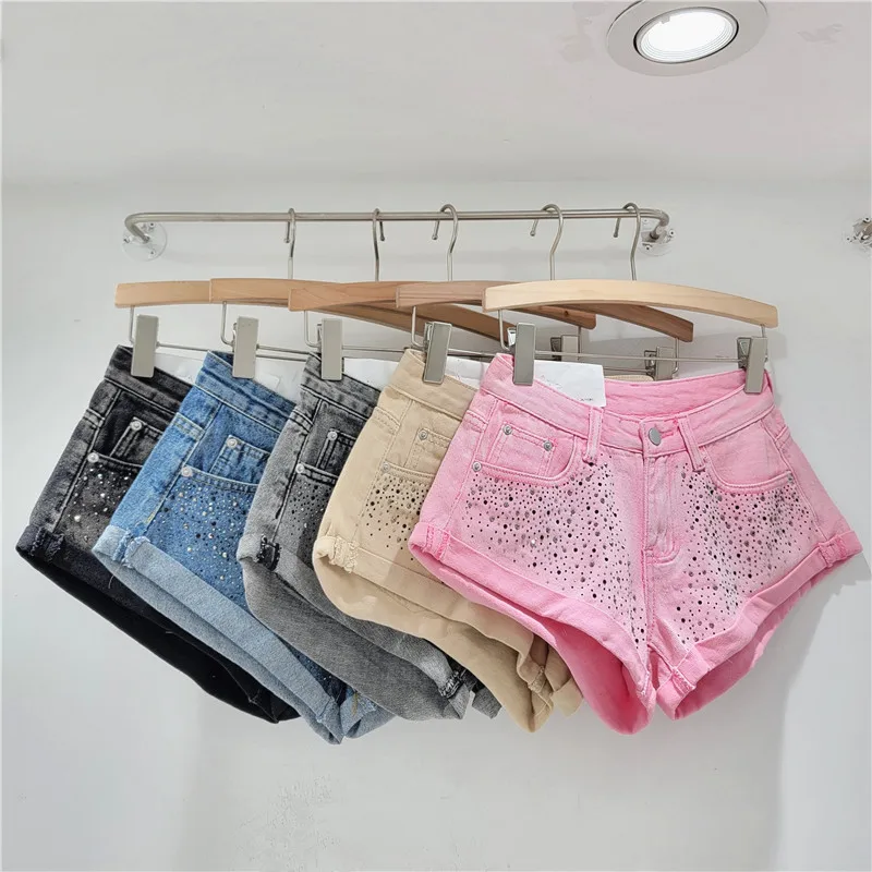 Pink Sexy Low Rise Denim Super Shorts Women Rhinestone Elastic Slim Fit Hot Pants Summer Mini Shorts Casual Versatile Night Club