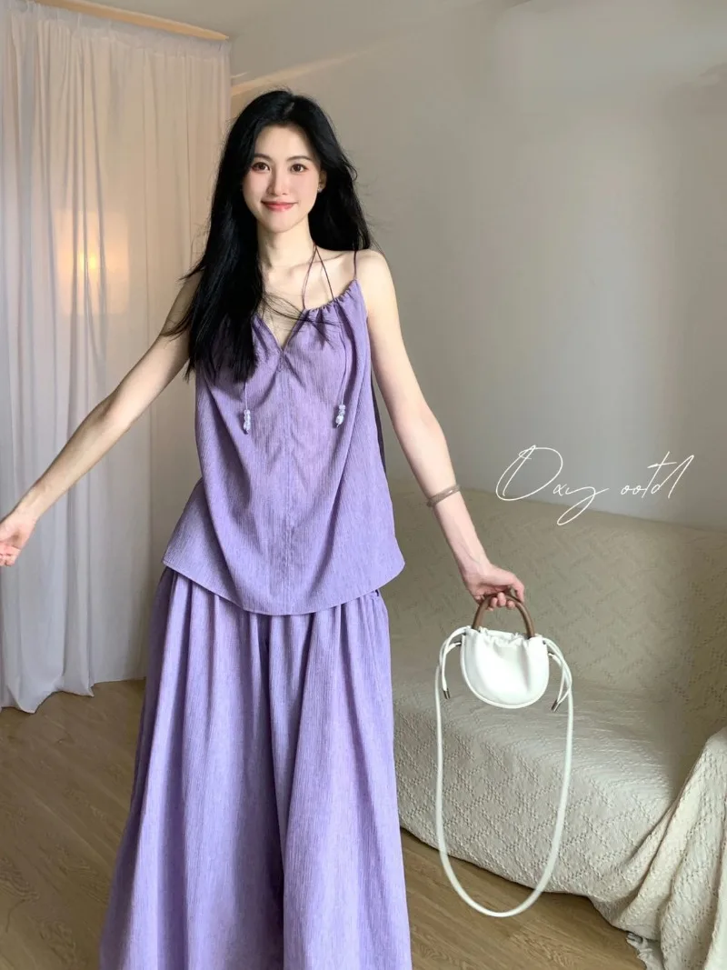 Two Pieces of French Fashion and Temperament Sleeveless Vest Top for Women's Summer Haute Couture Wide Leg Skirt Pants