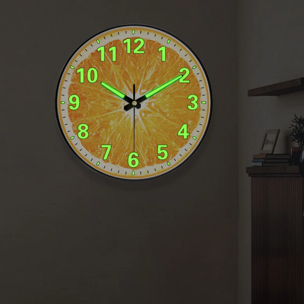 10/12 inch Fashion Luminous Wall Clock Silent Analog Clock  Light In Dark Night Numbers Fruit Design For Kitchen Bedroom Decor
