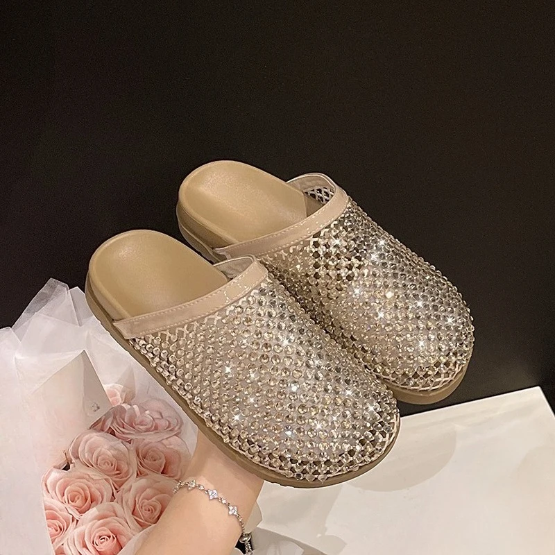 

Water Diamond Full Head Half Slippers for Women's Summer Outerwear 2025 Soft Bottom Mesh Hollow Fishing Net Shoes
