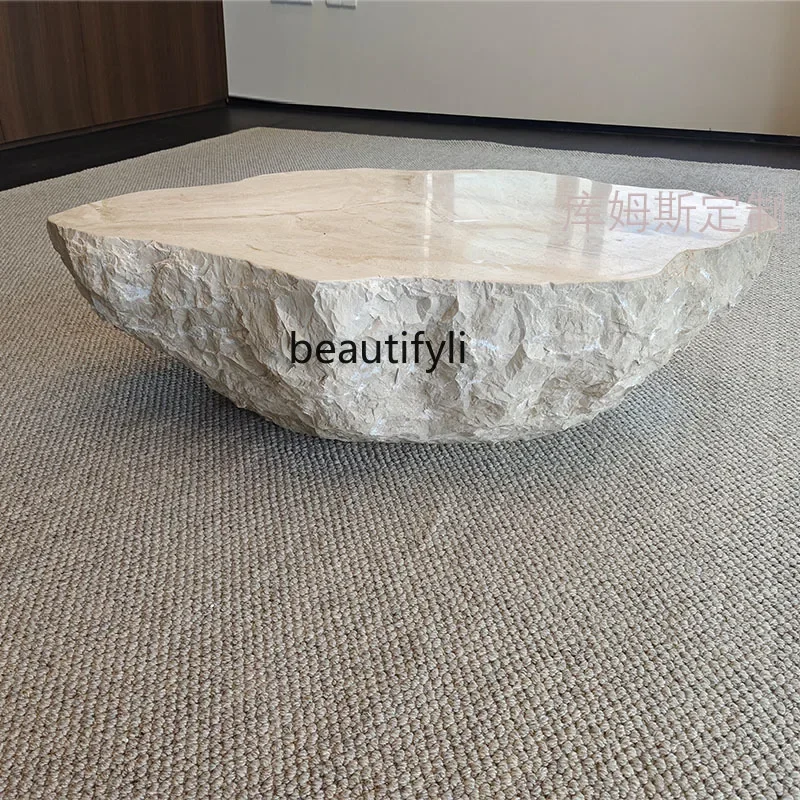 

Natural travertine retro coffee table cave stone, light luxury designer broken effect retro tea table