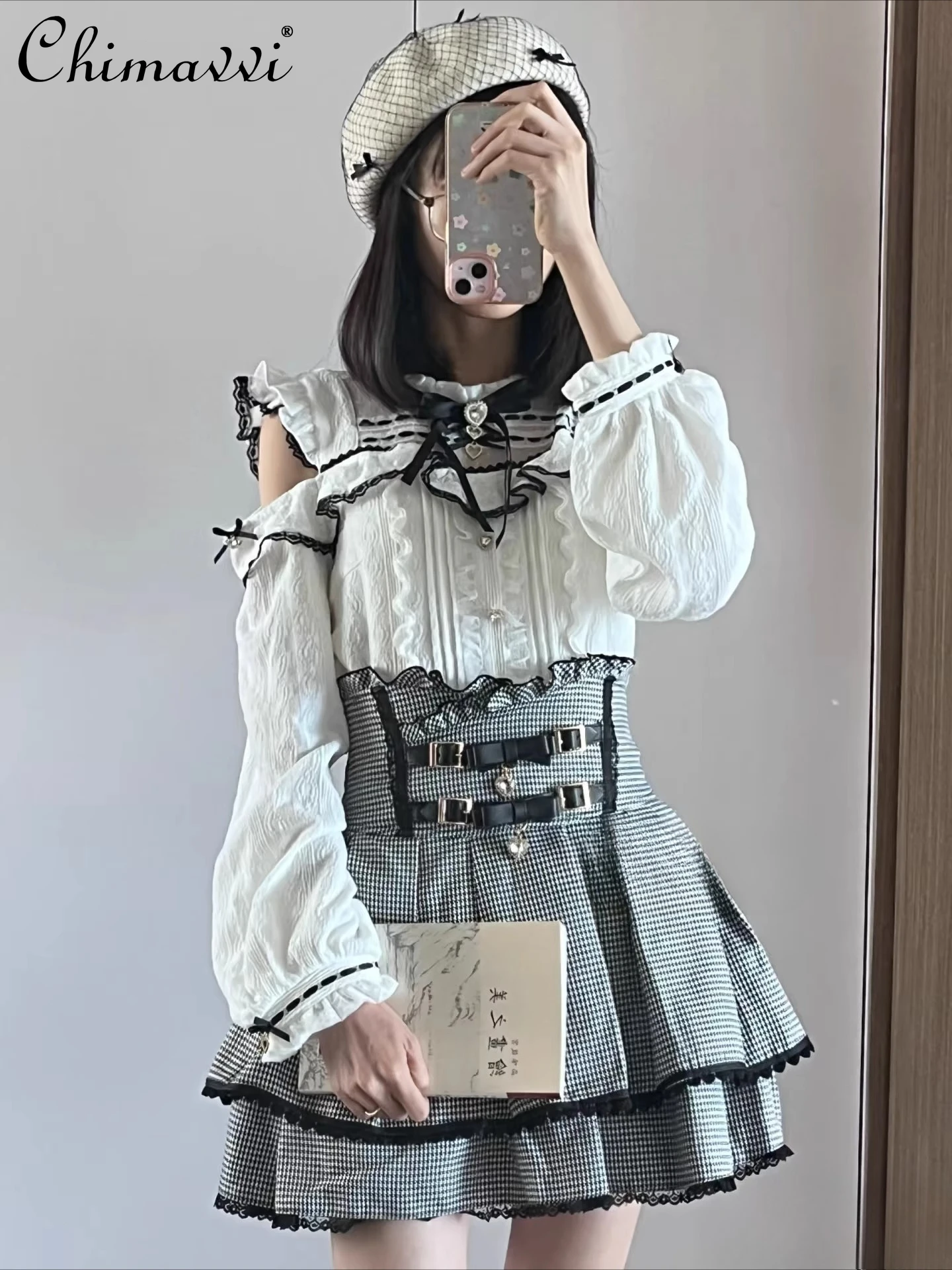 Liz Japanese Sweet Cute Shirt Spring Cute Girl Elegant Princess Mass-Produced Lolita Lace Patchwork Off-Shoulder Blouse Top