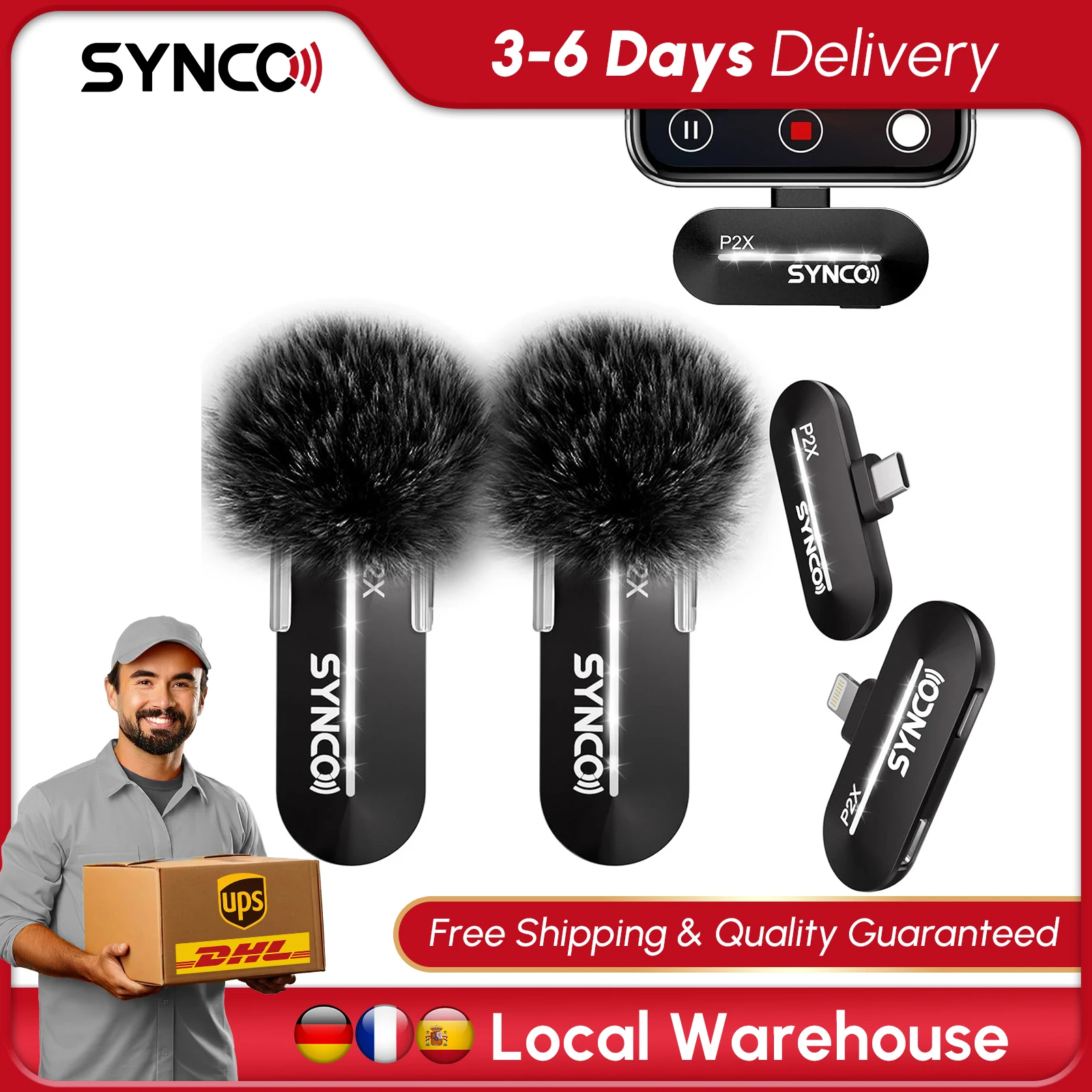 【STOCK UE】Micrófono Lavalier inalámbrico SYNCO para iPhone, Android, Type-C o smartphones con conector Lightning, para grabación de entrevistas en vivo y vlogs de Youtube