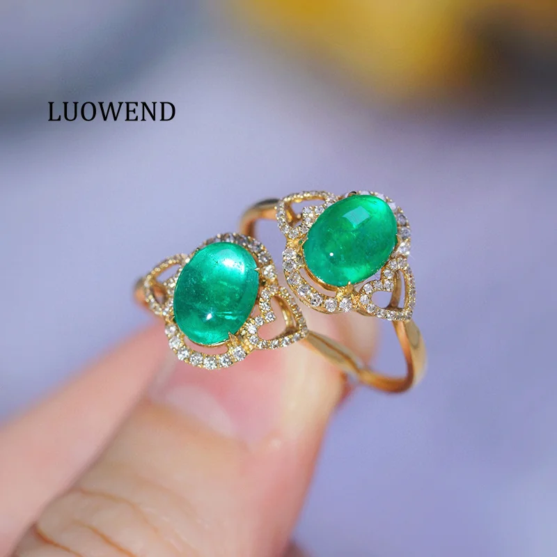 LUOWEND 100% 18K Yellow Gold Rings Vintage Elegant Style Shiny Diamond Natural Emerald Ring for Women High Anniversary Gift