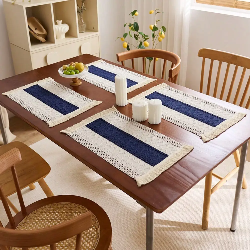 1/4/6 Stück rechteckige Tischsets im Farmhaus-Stil, gewebte Tischmatten mit Quasten. Ideal zum Dekorieren von Ess- und Küchentischen.