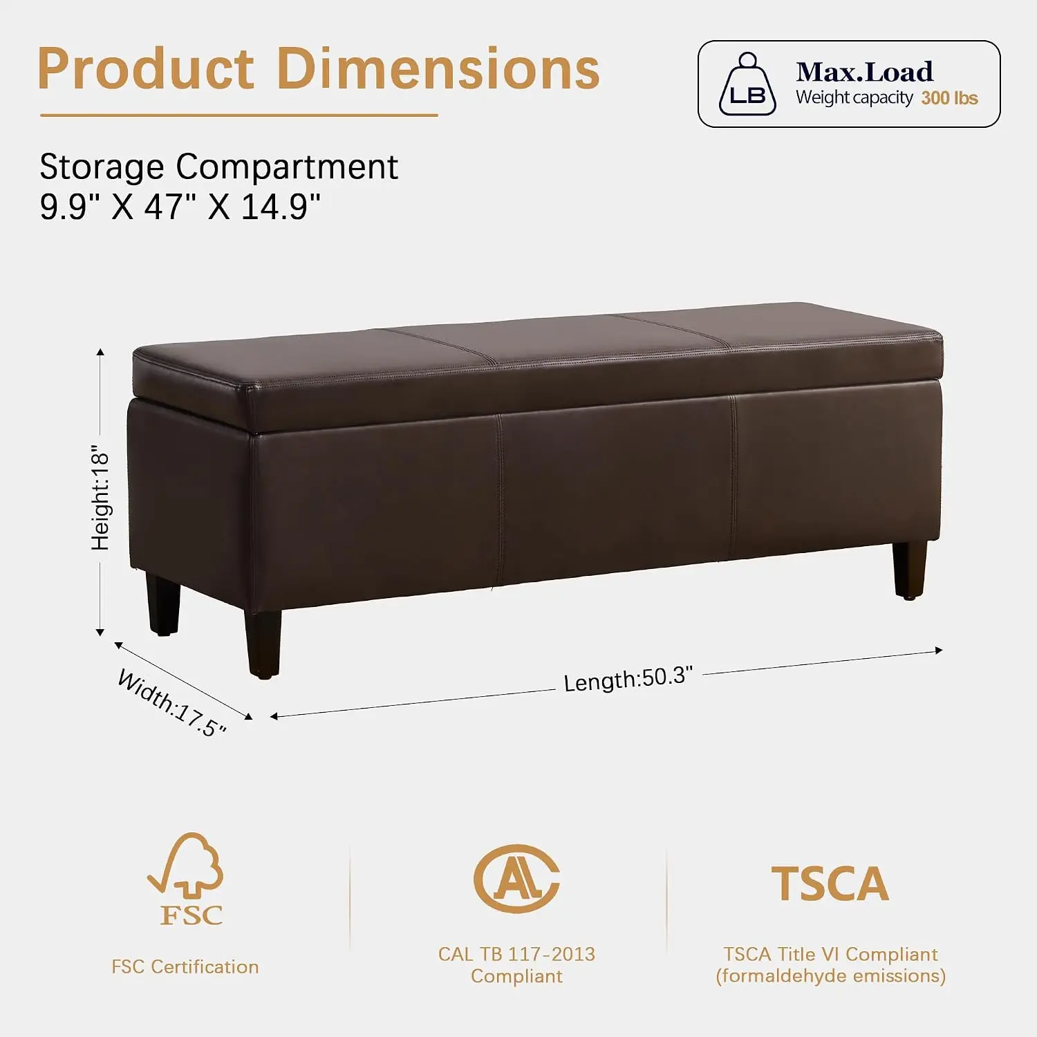 Faux Leather Storage Ottoman Bench 50.3 Inch Upholstered Bench with Storage for Living Room Entryway Bedroom 300lbs, Customized
