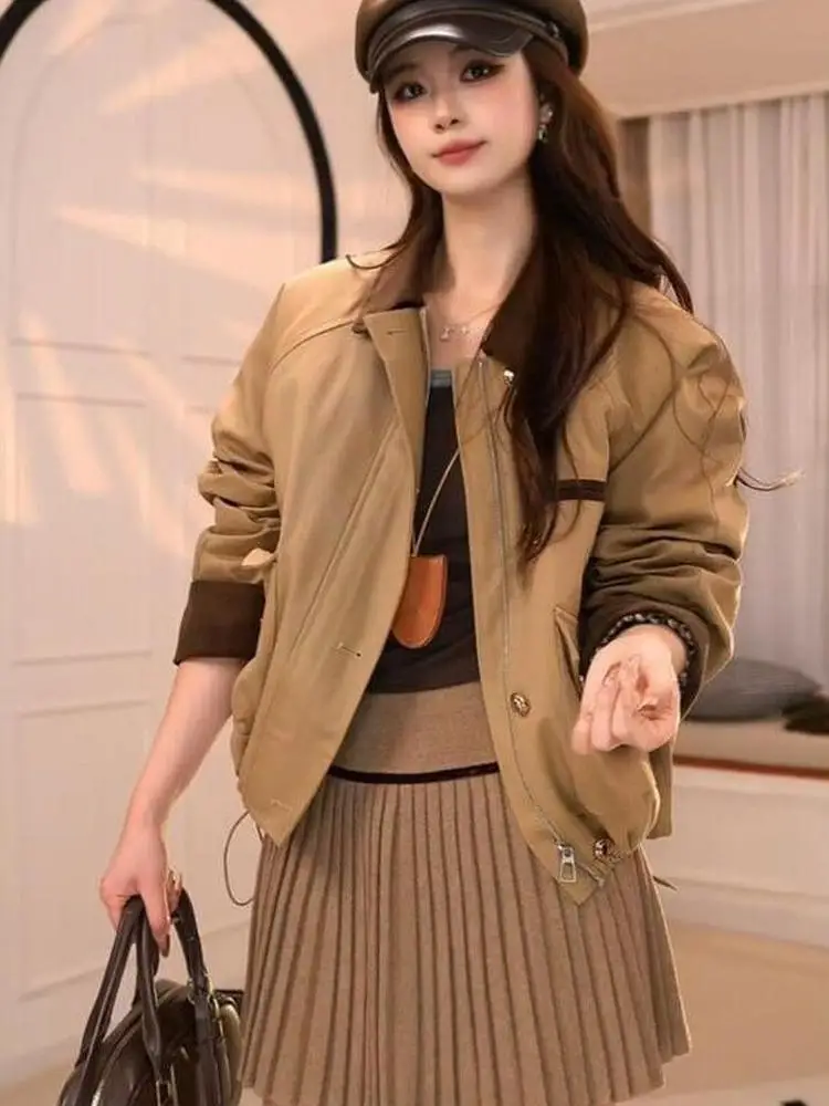 

Ретро-куртка женская осенняя новая, укороченная, свободного кроя, с эффектом омоложения, с цветными блоками, хлопковая, с воротником, утилитарная, с длинными рукавами