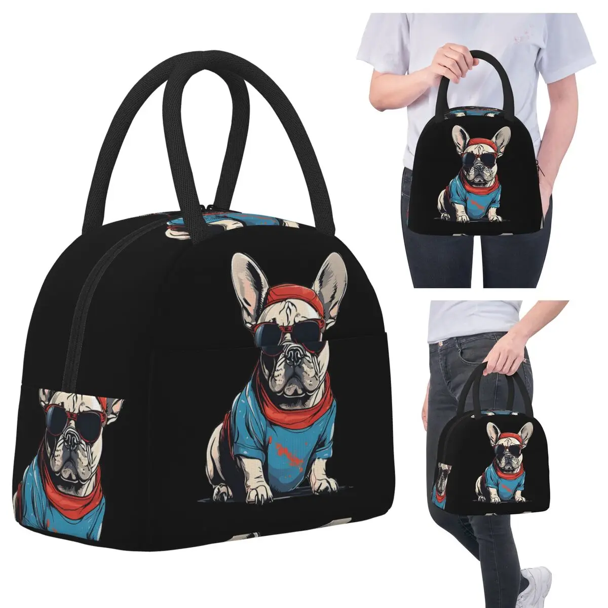 

French Bulldog Vibes Wearing Sunglasses - Cool Design Lunch Bags Insulated Bento Box Portable Lunch Tote Picnic Bags Cooler Bag