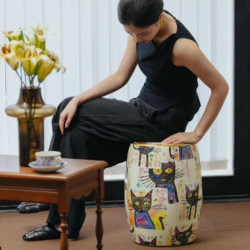 الفرنسية خمر نمط ملون رسمت باليد مقعد مستدير Schroddinger's القط طبل البراز رسمت السيراميك الحد الأدنى طاولة غرفة المعيشة