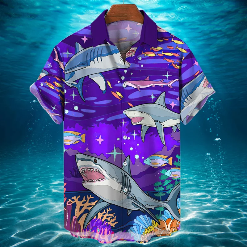 3D Animal Shark Print Hawaiian Shirt Men's Summer Casual Shirt Fashion Short Sleeved Sea World Loose Street Blouse Clothes