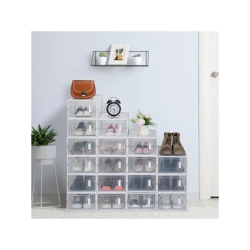 

18 Pack Clear Plastic Stackable Shoe Storage Boxes - White Flexible Organizer for Shoes, Sneakers, Heels, and Boots Storage