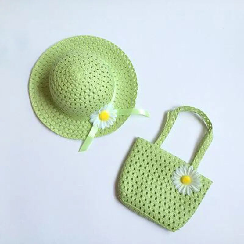 2 Pcs Set Girls Tea Party Straw Sun Hat and Purse Sets Kids Child Birthdays Easter Party Daisy Flower Summer Beach