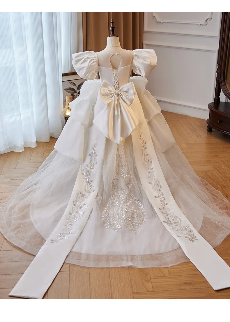 Luxury White Princess Ball Gown Wedding Flower Girl Dress Party O Neck First Communion Dresses Custom Made With Train