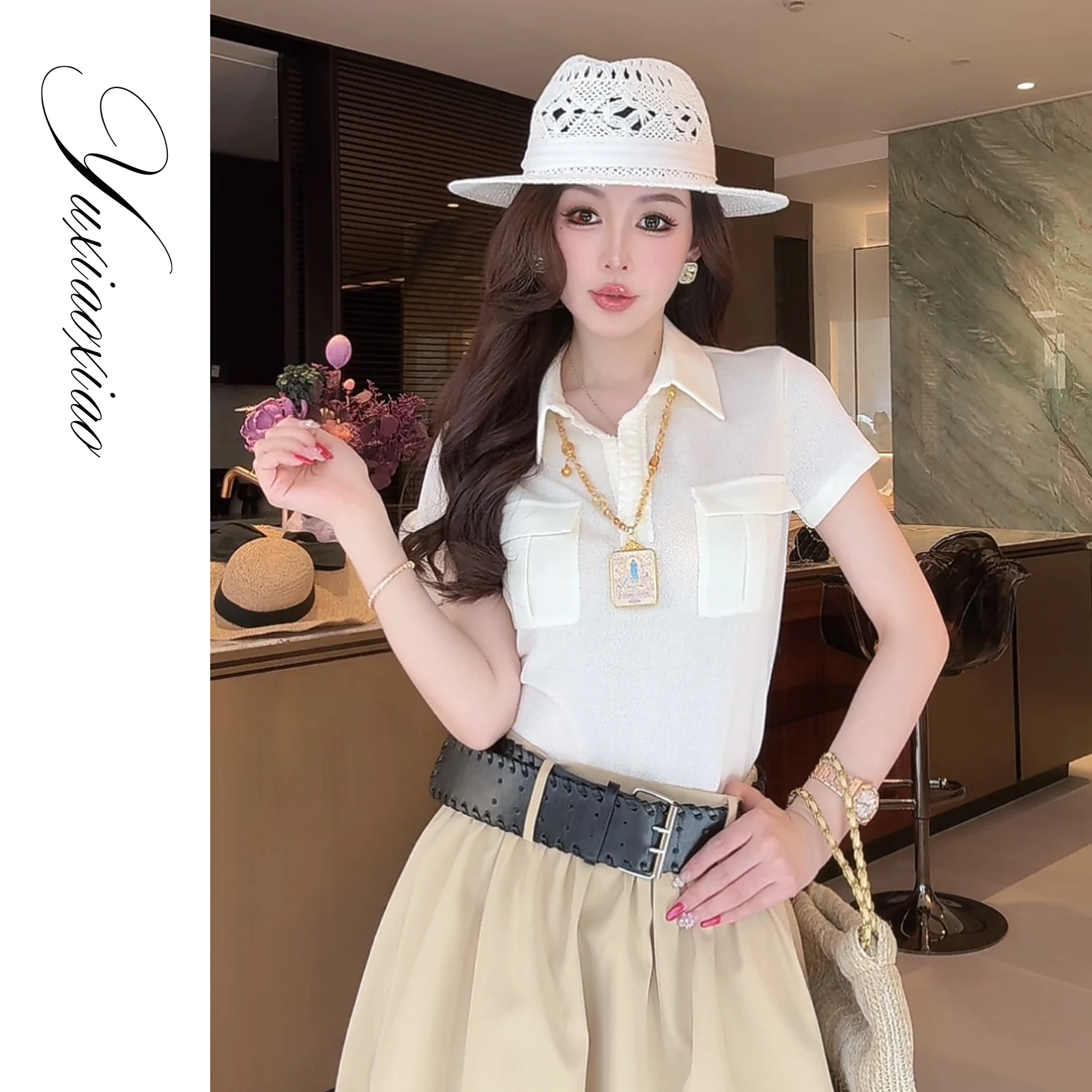 

Breathable Acetate Lyocell Blend Slimming Neck Short Sleeve T-Shirt Casual Style Women's Fashion Spring 2026 by Yuxiao Xiao