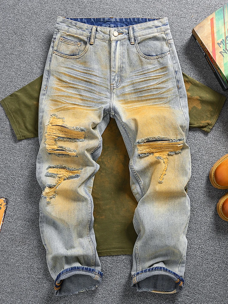 

Retro American Worn-Out Denim Jeans Men's Loose Straight Leg Patched Yellow Dirt Wa Long Trousers Faion Urban Youth Casua...