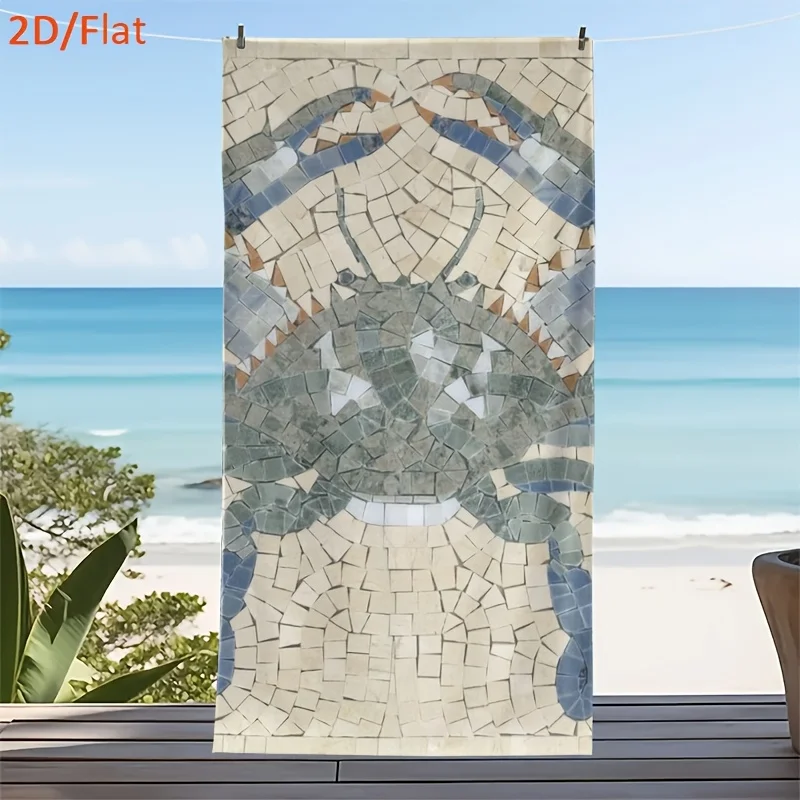 Vintage Mosaic Crab Beach Towel, Mosaic Art Print Bath Towel, Coastal Summer Essential for Beach & Pool 1pcs