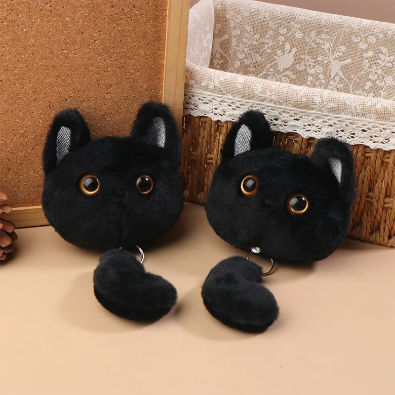 Gato preto dos desenhos animados brinquedo de pelúcia puxar cauda animal gatos macio pelúcia boneca pingente chaveiro do carro mochila saco decoração presente do miúdo