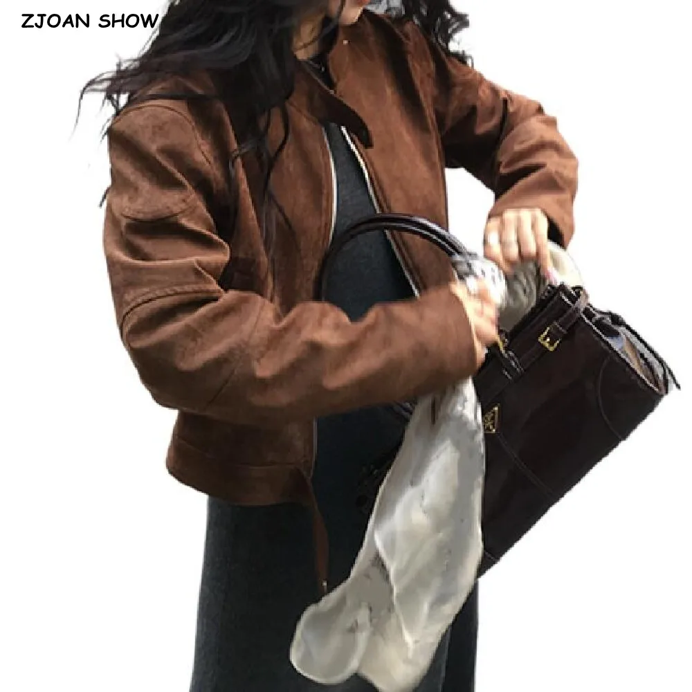 

2025 Autumn Women Zip up Short Faux Suede Coat Raglan Shoulder Full Sleeve Vintage Outerwear Lapel Collar Safari Jacket