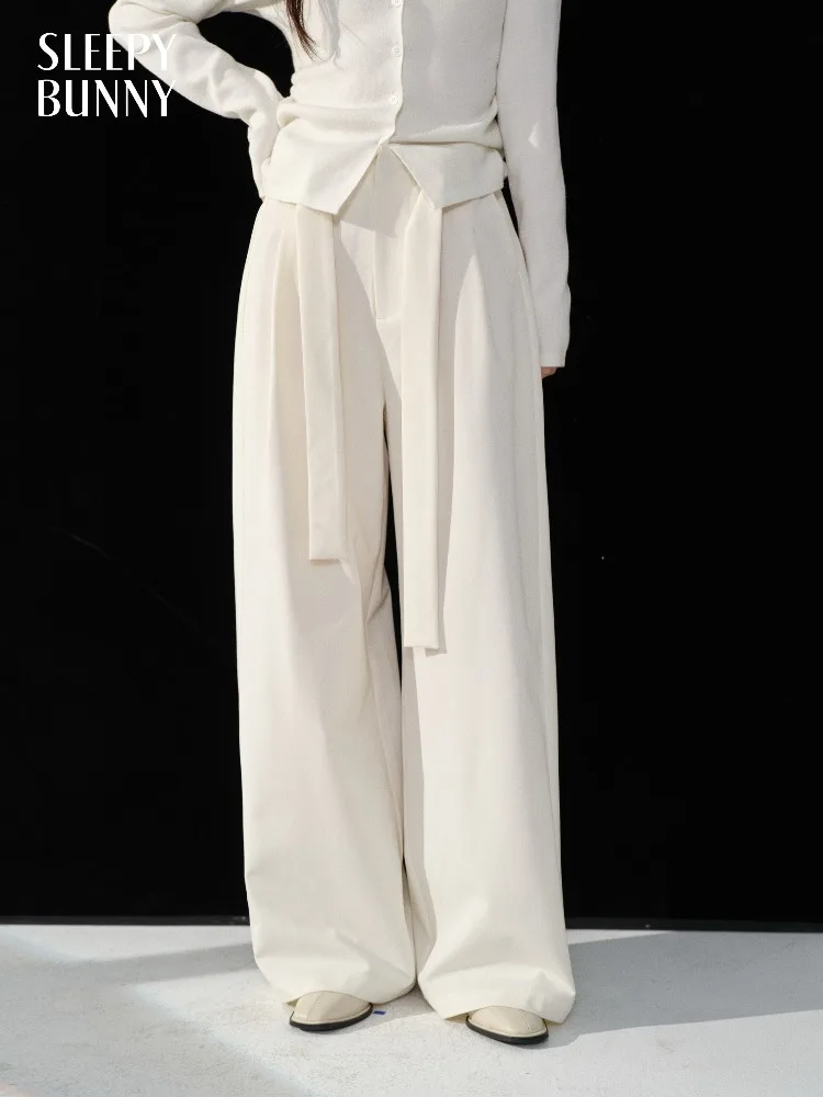 

Elegant Loose Wide Leg Pants High Waist Tie Detail Trousers Minimalist Draped Pants for Women Winter Casual Office Streetwear